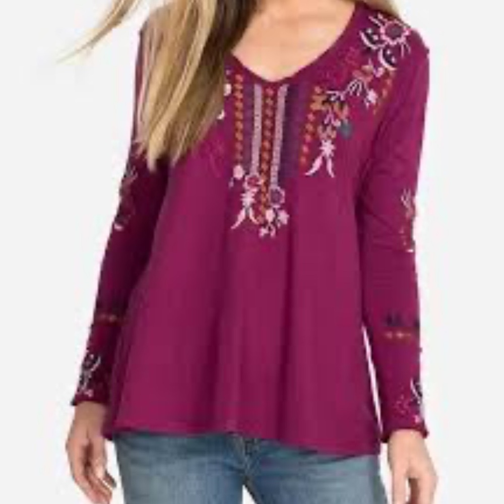Johnny Was Embroidered Floral Bohemian Long Sleeve V Neck Top Magenta X-Small